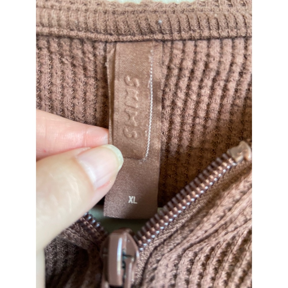 SKIMS Waffle Knit Zip Up Hoodie Rose Clay Brown Cropped Thermal XL - Picture 2 of 6